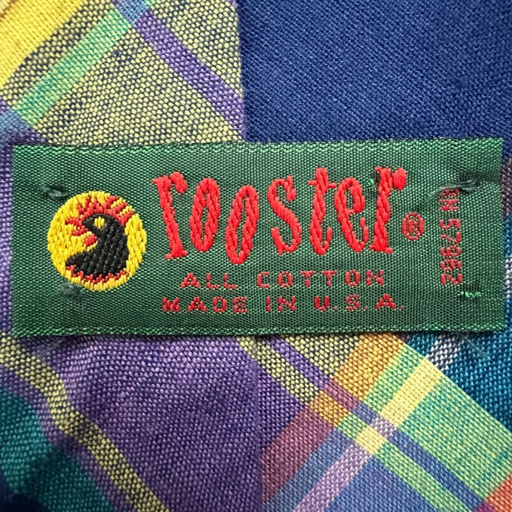 Rooster Mens Vintage Plaid Cotton Necktie Purple Blue Yellow Made in USA